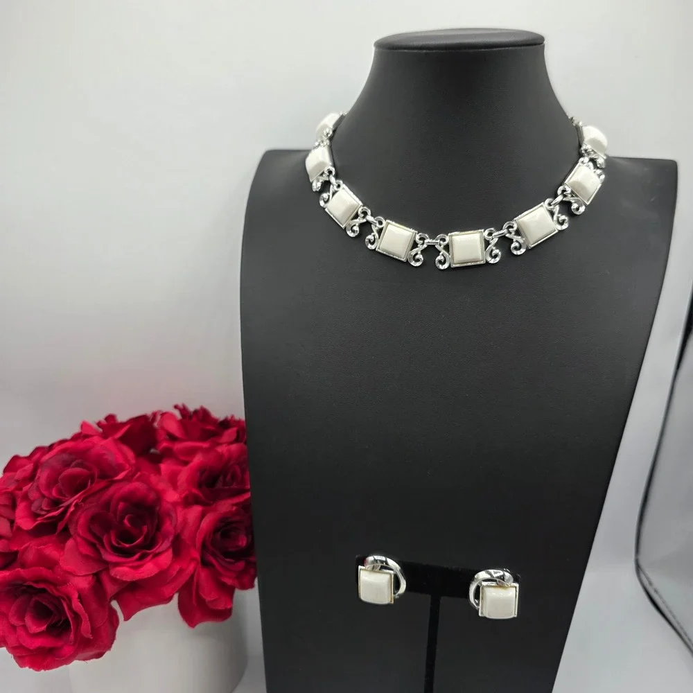 Vintage Charel Silver Tone White Thermoset Choker Necklace and Earring Set